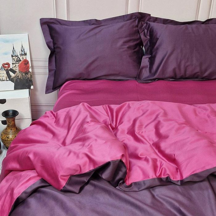 Постільна білизна ДУЕТ VIOLET FLOWER/BERRY Premium Сатин однотон MERISET - Сімейний на резинці