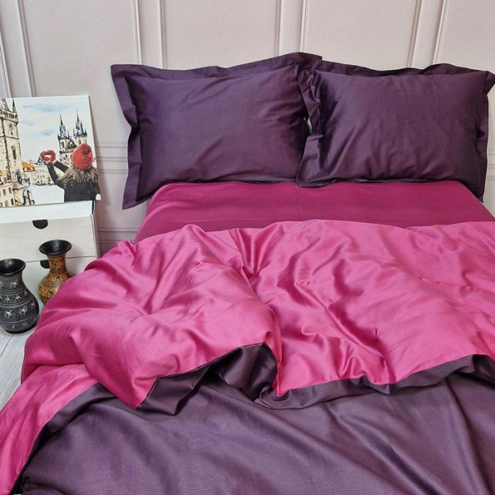 Постільна білизна ДУЕТ VIOLET FLOWER/BERRY Premium Сатин однотон MERISET - Сімейний на резинці