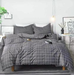 Постільна білизна Сіра клітинка Сатин MERISET - Сімейний на резинці