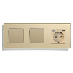 Перекрёстный выключатель 2-клавишный (1-1) с розеткой с USB A+C 20 Вт, заземление, LUXION, золотое стекло