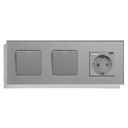 Перекрёстный выключатель 2-клавишный (1-1) с розеткой с USB A+C 20 Вт, заземление, LUXION, серое стекло