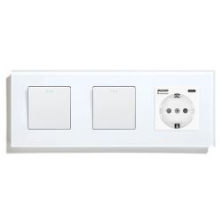 Перекрёстный выключатель 2-клавишный (1-1) с розеткой с USB A+C 20 Вт, заземление, LUXION, белое стекло