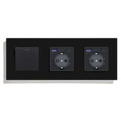 Перекрёстный выключатель с двумя розетками USB A+C 20Вт, с заземлением, защитные шторки, LUXION чёрный стекло