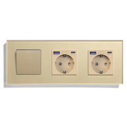 Универсальный выключатель с двумя розетками USB A+C 20Вт, с заземлением, защитные шторки, LUXION золото стекло
