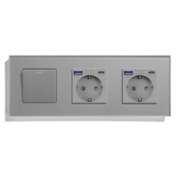 Универсальный выключатель с двумя розетками USB A+C 20Вт, с заземлением, защитные шторки, LUXION серый стекло