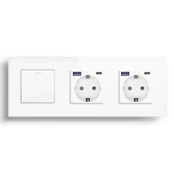 Перекрёстный выключатель с двумя розетками с USB A+C 20Вт, с заземлением, защитные шторки, LUXION белый стекло