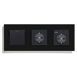 Перекрёстный выключатель с розеткой и розеткой с USB A+C 20Вт, с заземлением, LUXION чёрный стекло