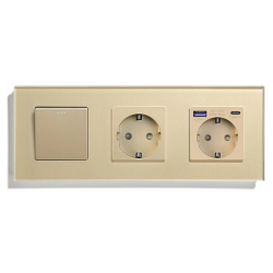 Выключатель универсальный с розеткой и розеткой с USB A+C 20 Вт, заземление, LUXION золотое стекло