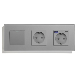 Выключатель универсальный с розеткой и розеткой с USB A+C 20Вт, заземление, LUXION серый стекло