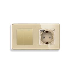 Выключатель без фиксации двойной с розеткой крышка IP44 ELIOS золотое стекло, с заземлением, защитные шторки