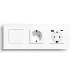 Выключатель универсальный с розеткой и розеткой с USB A+C 20Вт, заземление, LUXION белый стекло