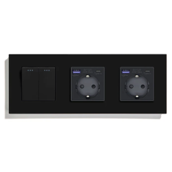Перекрёстный 2-клавишный выключатель с двумя розетками с USB A+C 20 Вт, заземление, LUXION чёрное стекло