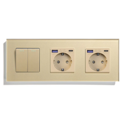 Выключатель универсальный 2-клавишный с двумя розетками с USB A+C 20 Вт, заземление, LUXION золотое стекло