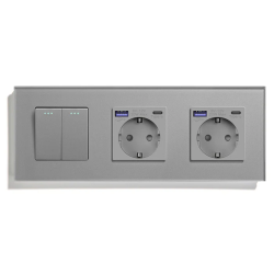 Выключатель универсальный 2-клавишный с двумя розетками с USB A+C 20 Вт, заземление, LUXION серое стекло