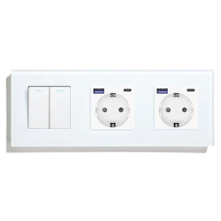 Выключатель универсальный 2-клавишный с двумя розетками с USB A+C 20 Вт, заземление, LUXION белое стекло