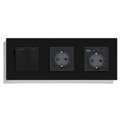 Перекрестный 2-клавишный выключатель с розеткой и розеткой USB A+C 20 Вт, заземление, LUXION черный, стекло