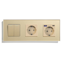 Выключатель универсальный 2-клавишный с розеткой и розеткой USB A+C 20 Вт, заземление, LUXION золото, стекло