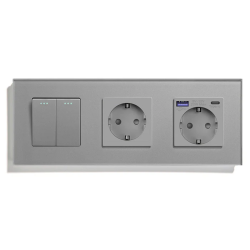 Перекрестный 2-клавишный выключатель с розеткой и розеткой USB A+C 20 Вт, заземление, LUXION серый, стекло