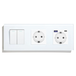 Перекрестный 2-клавишный выключатель с розеткой и розеткой USB A+C 20 Вт, заземление, LUXION белый, стекло