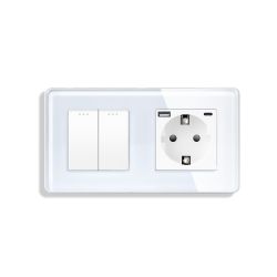 Двухклавишный перекрёстный выключатель ELIOS с розеткой и USB A+C 20 Вт, белый, стекло, заземление