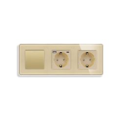 Перекрёстный выключатель с розеткой и розеткой USB A+C 20Вт, с заземлением, защитные ELIOS золото стекло