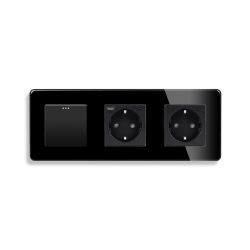Перекрёстный выключатель с розеткой и розеткой с USB A+C 20Вт, с заземлением, защитные ELIOS чёрный стекло