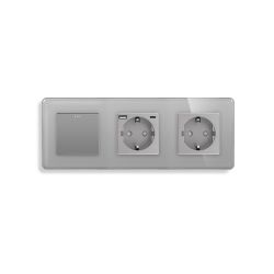 Выключатель универсальный с розеткой и розеткой с USB A+C 20Вт, с заземлением, защитные ELIOS серый стекло