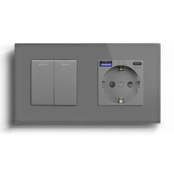 Двойной выключатель без фиксации LUXION с розеткой и USB A+C 20 Вт, серый, стекло, заземление