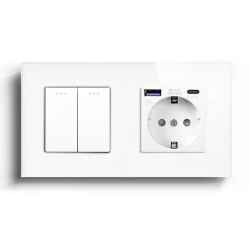 Двухклавишный перекрёстный выключатель LUXION с розеткой и USB A+C 20 Вт, белый, стекло, заземление