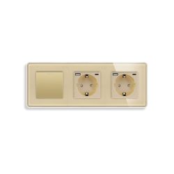 Перекрестный выключатель с двумя розетками с USB A+C 20Вт, с заземлением, защитные ELIOS золотое стекло