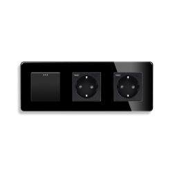 Универсальный выключатель с двумя розетками USB A+C 20Вт, с заземлением, защитные шторки, ELIOS чёрный стекло