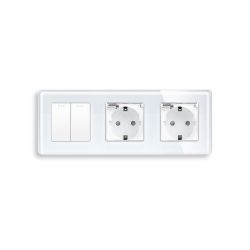 Перекрёстный 2-клавишный выключатель с двумя розетками с крышкой IP44, заземление, защитные ELIOS белое стекло
