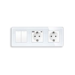 Выключатель универсальный 2-клавишный с розеткой и розеткой USB A+C 20 Вт, заземление, ELIOS белый, стекло