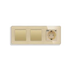 Перекрёстный выключатель 2-клавишный (1-1) с розеткой с USB A+C 20 Вт, заземление, ELIOS, золотое стекло