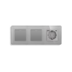 Выключатель универсальный 2-клавишный (1-1) с розеткой с USB A+C 20 Вт, заземление, ELIOS, серое стекло