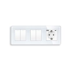 Выключатель универсальный 4-клавишный (2-2) с розеткой с USB A+C 20 Вт, заземление, ELIOS, белое стекло