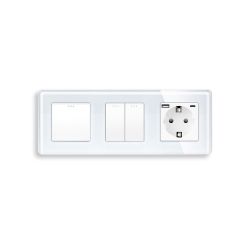 Выключатель универсальный 3-клавишный (1-2) с розеткой с USB A+C 20 Вт, заземление, ELIOS, белое стекло