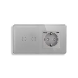 Сенсорный двойной выключатель ELIOS с USB A+C 20Вт серый 16 А 230 В с заземлением шторки стекло