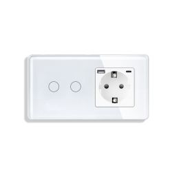 Сенсорный двойной проходной выключатель ELIOS с розеткой и USB A+C 20Вт, белый, стекло, сенсорный, заземление