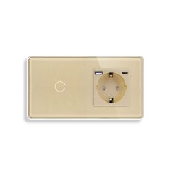 Сенсорный выключатель ELIOS с розеткой и USB A+C 20Вт, золотой, стекло, с заземлением и шторками, 16А 230В