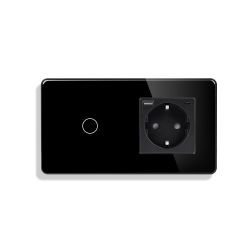 Сенсорный проходной выключатель ELIOS с розеткой и USB A+C 20Вт, черный, стекло, с заземлением и шторками