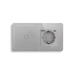 Сенсорный выключатель ELIOS с розеткой и USB A+C 20Вт, серый, стекло, с заземлением и шторками, 16А 230В