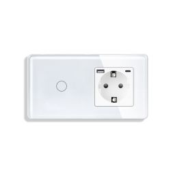 Сенсорный проходной выключатель ELIOS с розеткой и USB A+C 20Вт, белый, стекло, с заземлением, 16А 230В