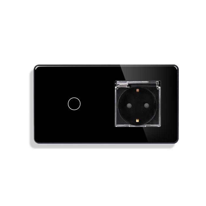 Сенсорный проходной выключатель ELIOS с розеткой IP44 крышка черный 16А 230В с заземлением шторки стекло
