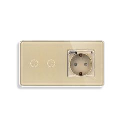 Сенсорный двойной выключатель ELIOS с розеткой IP44 крышка золотой 16 А 230 В с заземлением шторки стекло