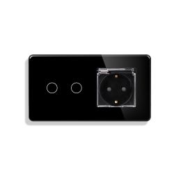 Сенсорный двойной выключатель ELIOS с розеткой IP44 крышка черный 16 А 230 В с заземлением шторки стекло