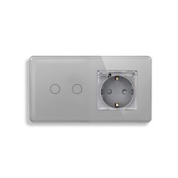 Сенсорный двойной выключатель ELIOS с розеткой IP44 крышка серый 16 А 230 В с заземлением шторки стекло