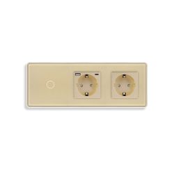 Сенсорный выключатель с розеткой и розеткой USB A+C 20Вт, с заземлением ELIOS 16А 230В золото стекло