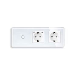 Сенсорный выключатель с розеткой и розеткой USB A+C 20Вт, с заземлением и шторками ELIOS 16А 230В белый стекло