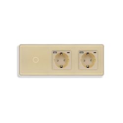 Сенсорный выключатель с двумя розетками и USB A+C 20Вт, с заземлением и шторками ELIOS 16А 230В золото стекло